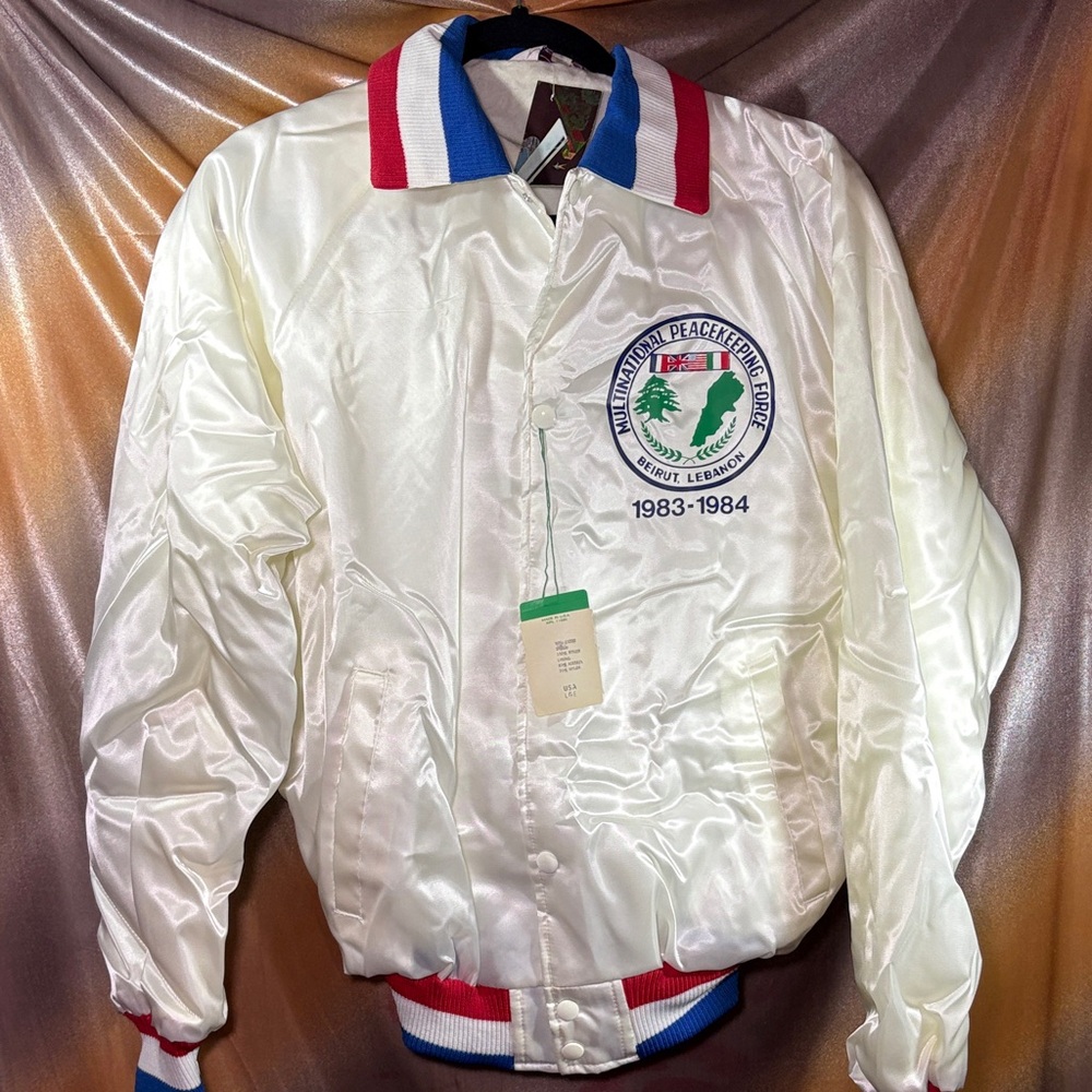 Peacekeeping‎ Force White Satin Bomber Jacket with Red & Blue Trim C3